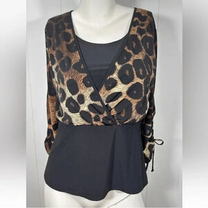 Adele & May Womens Top Shirt Brown Black Animal Print 3/4 Sleeve Sz S